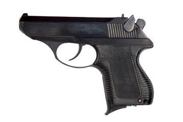 Black gun isolated on white background with clipping path. Side view.