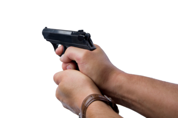 Man's hand holding gun isolated on white background with clipping path.