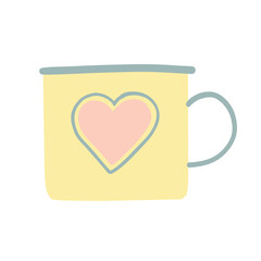 Cute yellow mug featuring a pastel heart design, perfect for romantic settings, Valentine’s Day gifts, and cozy drinkware illustrations.