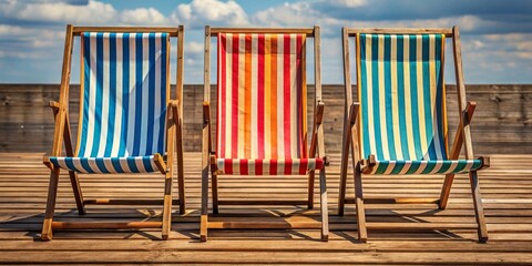 Fototapeta premium Symmetrical Arrangement of Colorful Striped Deck Chairs on Wooden Deck A Cheerful Summer Vibe with Blue, Red, and Orange Patterns Against a Cloudy Sky, Evoking Relaxation by the