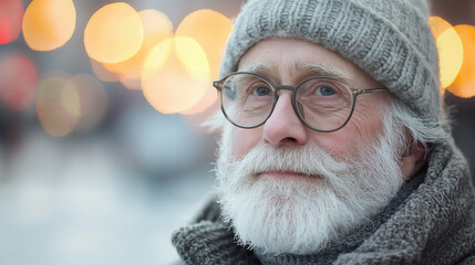 elderly man with a white beard and glasses, wearing a gray knit hat and a winter coat, bokeh background 
