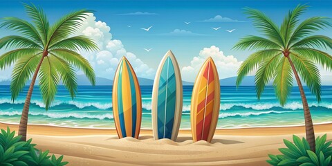 Symmetrical Tropical Beach Scene with Lush Palm Trees Flanking Vibrant Surfboards, Under Bright Blue Sky and Fluffy Clouds, Golden Sand Creating Depth and Joyful Vibes of Serenity