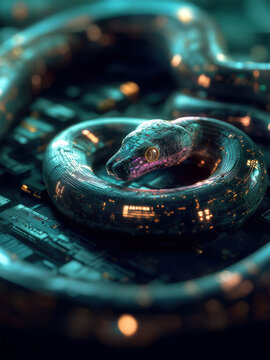 A futuristic, high-tech Python snake coiled in an intricate circuit board pattern, glowing with neon lights, representing a language of coding.
