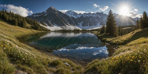 Obraz premium A panoramic view of a mountain range with snow-capped peaks under a clear sky. In the foreground, a tranquil alpine lake reflects the mountains. Wildflowers dot the grassy meadow leading to the lake. 