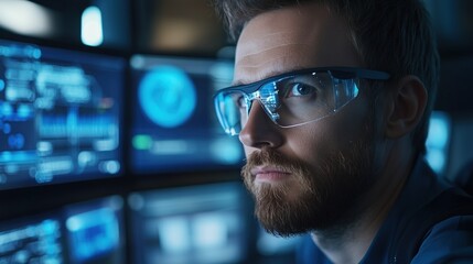 A data analyst with glasses intensely observes multiple digital screens in a modern office setting