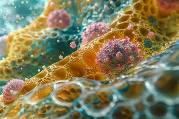 Abstract microscopic view of cells and cellular structures in vibrant colors.