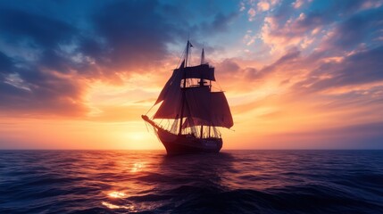 A tall sailing vessel navigates calm waters at sunset, surrounded by colorful clouds. The tranquil ocean reflects the warm hues of the fading sun, creating a serene atmosphere