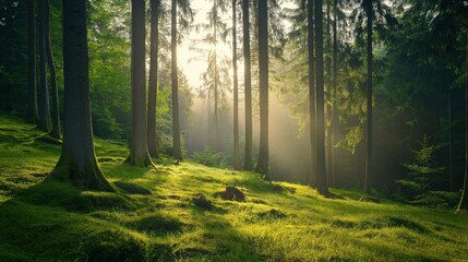 Obraz premium Sunlight streams through the dense canopy of tall trees in a vibrant forest, illuminating the lush, green undergrowth and creating a peaceful morning ambiance