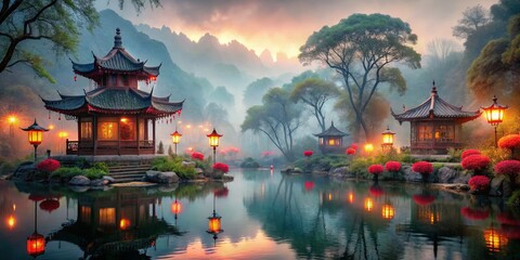 Tranquil Reflections Serene Chinese Garden Painting with Pagodas, Lanterns, and Mystical Atmosphere evoking Peaceful Beauty and Spiritual Whispers