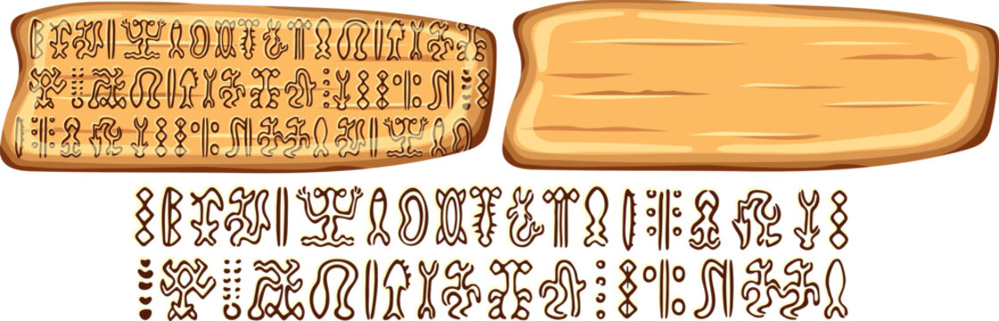 Undeciphered gryph Rongorongo on Easter island  or Rapa Nui. Isolated vector cartoon wooden panel. Undeciphered captions ancient peoples. Signboard with old texts. Gui elements for computer and board 