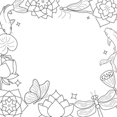 Lotus flower and leaf, hand drawn botanical illustration with line art on white backgrounds. Sketch Floral decorative frame. lotus flower drawings.
