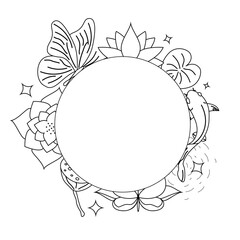Asian lotus line flower art with  circle frame transparent vintage pattern vector illustration
