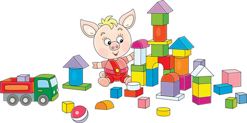 Funny little pink piglet playing with colorful blocks and building a toy castle in a playroom, vector cartoon illustration on a white background