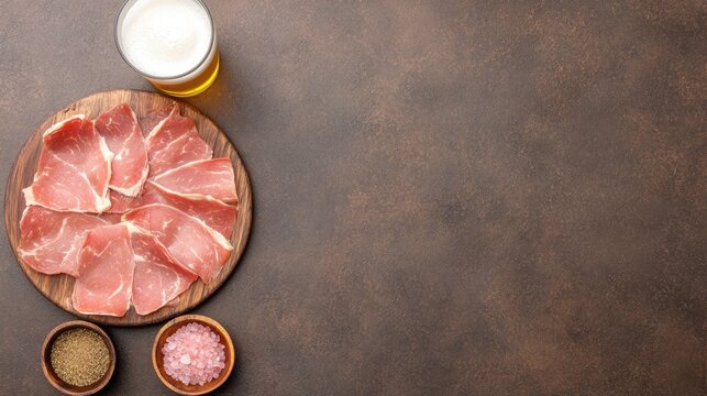 Sliced and marinated beef seasoned with spices is presented alongside a cold beer, cumin powder, and pink salt on a rustic wooden table