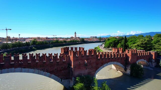 Verona - Italy - Ponte Scaligero - Flight over the bridge with a fantastic view of the hinterland