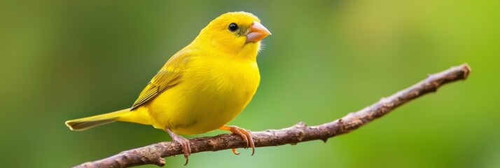  A yellow bird perched on a tree branch against a hazy green backdrop of a field