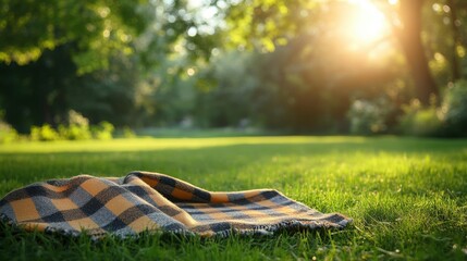 A checkered blanket is spread on grass during sunset, with sunlight filtering through the trees, creating a serene and warm atmosphere. 