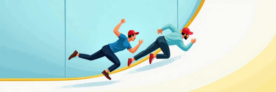 Two animated characters energetically running, symbolizing competition and teamwork in a dynamic, modern business environment.