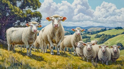 Fototapeta premium A Herd of White Sheep and a Cow Grazing on a Hillside