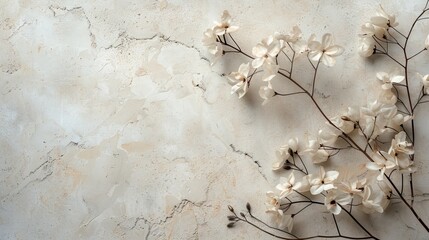 Delicate white flowers arranged on a light beige marble background, creating a minimalist and elegant composition.