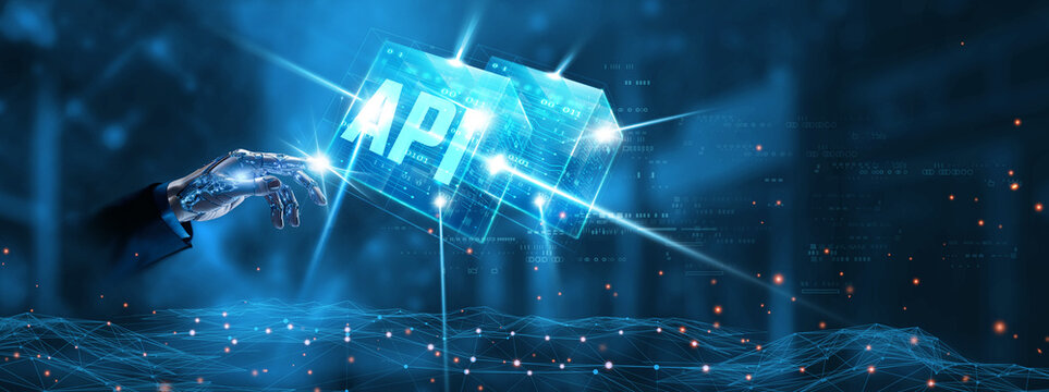 API: Businessman mechanical robotic hand touching API network technology on interface. Integration, automation, data exchange, connectivity, digital transformation concept.