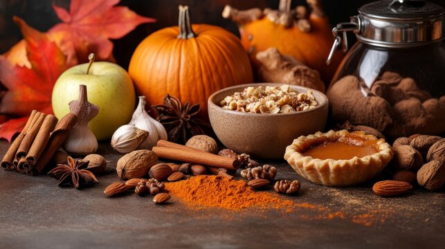 Autumn baking ingredients and spices form a cozy fall background with pumpkins, apples, nuts, and more. Create pumpkin or apple pie for Thanksgiving and autumn holidays.