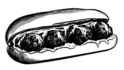 Close-up of meatball sub showing meatballs and sauce in roll, food illustration vector