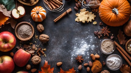 Autumn baking ingredients and spices form a cozy fall background with pumpkins, apples, nuts, and more. Create pumpkin or apple pie for Thanksgiving and autumn holidays.