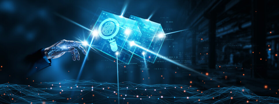 Digital Forensics: Businessman mechanical robotic hand touching digital forensics network technology on interface. cybersecurity, evidence analysis, threat detection, investigation concept.