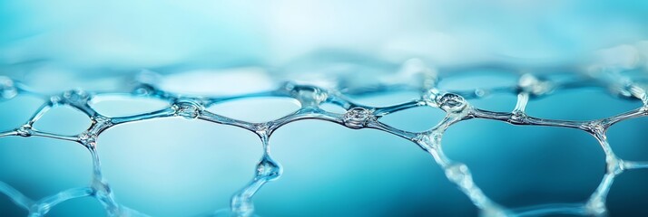  A tight shot of water droplets against a blue and white backdrop, with a hazy, out-of-focus image in the background