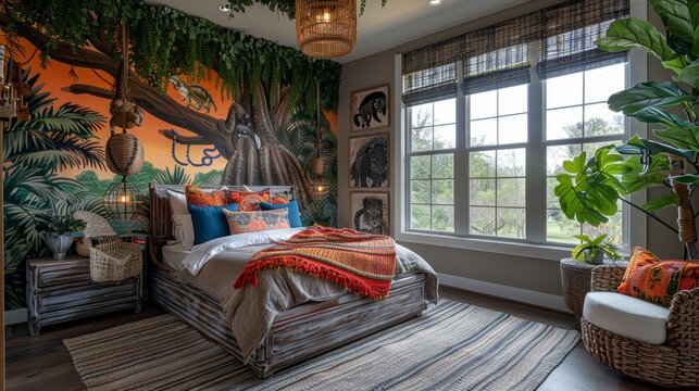 Jungle-themed bedroom with a large mural, a comfortable bed, and a cozy armchair. The room is decorated with plants and natural elements.