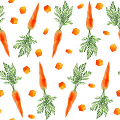 Seamless carrot pattern with greenery. Ingredient in cooking, harvest, healthy eating. It can be used to print any typography. On the menu, vegetable stalls, shops.
