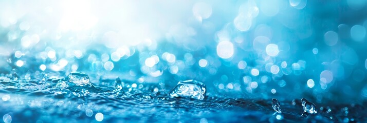  A tight shot of water droplets atop a tranquil pool, surrounded by a cerulean sky