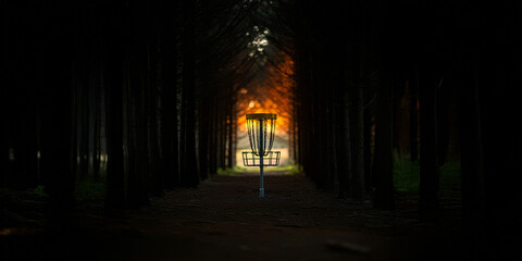 Disc Golf Basket & Chains , Tunnel Shot Through Forest Trees, Discgolf Frisbee Sport