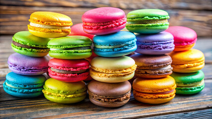 A creative display of assorted macarons stacked playfully on a weathered wooden table, showcasing a rainbow of colors and flavors, perfect for dessert lovers