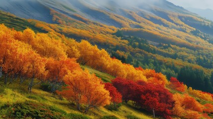 Autumn leaves of Rowan trees paint a picturesque scene on the slopes of Mt. Asahidake in Hokkaido.