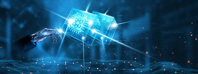 Quantum Computing: Businessman mechanical robotic hand touching quantum computing network...