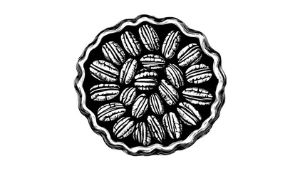 Pecan pie with a glossy top, filled with whole pecans arranged in a circular pattern, food vector illustration
