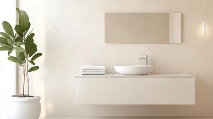 Beige and white minimalist bathroom with floating vanity and simple mirror, minimalist bathroom, clean elegance