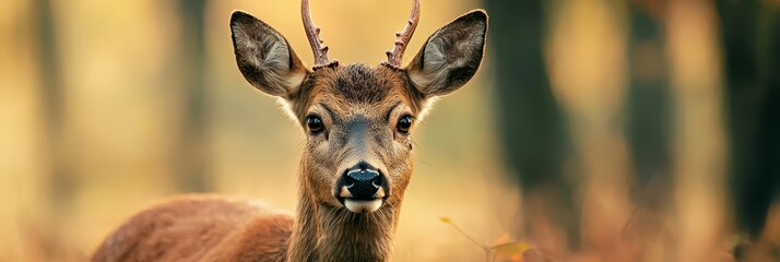  A deer, its antlers prominent against its head, is featured in a close-up image The background displays a forest with a soft, blurry texture