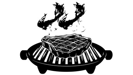 Fototapeta premium Ribeye steak cooking on a hot grill with smoke rising, food vector graphic