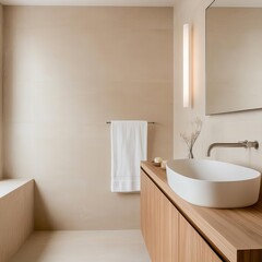 Beige minimalist bathroom with recessed lighting and frameless mirrors, minimalist bathroom, calm modern atmosphere