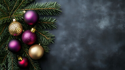 Elegant Christmas decorations with colorful ornaments on a dark background and space for text