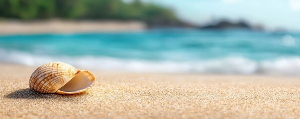 Obraz premium A beautiful seashell resting on golden sand, with calm waves and a blurred tropical background. Perfect for beach-themed projects.