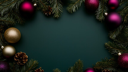 Festive Christmas background with colorful ornaments and pine branches for holiday celebrations