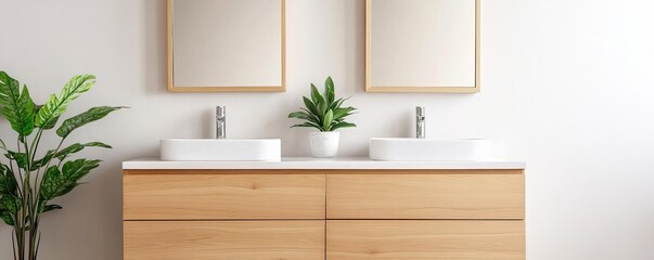 Beige minimalist bathroom with wooden cabinetry and soft lighting, minimalist bathroom, warm, welcoming space
