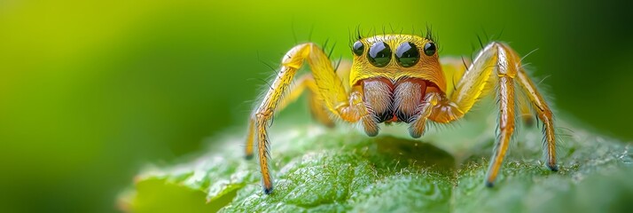 Naklejka premium A tight shot of a yellow jumping spider on a verdant leaf, adorned with dewdrops on its eyes