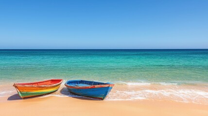 Obraz premium Two vibrant boats resting on a sandy beach with clear turquoise water under a bright blue sky, perfect for vacation imagery.