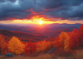 Fototapeta premium Enchanting Autumn Sunset Over the Great Smoky Mountains with Radiant Fall Leaves and Dramatic Cloud Illumination in High-Definition 