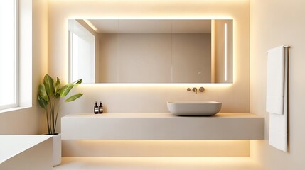 Fototapeta na wymiar Beige minimalist bathroom with large mirrors and soft ambient lighting, minimalist bathroom, modern relaxation